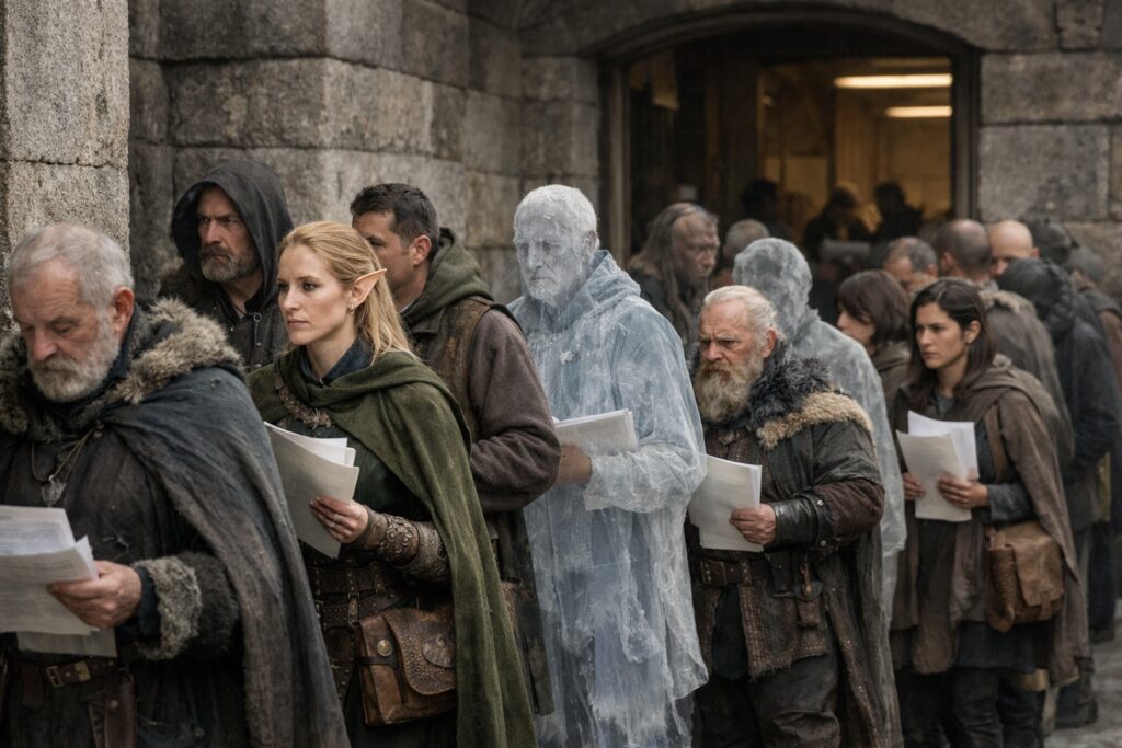 不老不死の人々が年金を受給するため長い列を作る様子