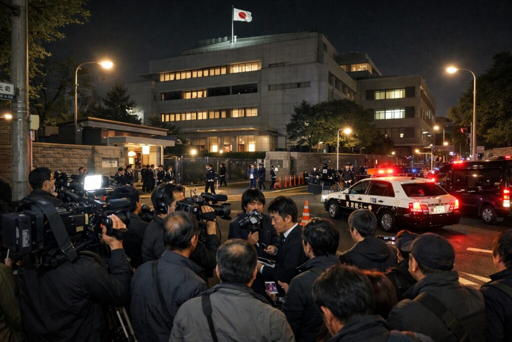 夜の首相公邸前に集まる大勢の市民と報道陣、緊張した雰囲気