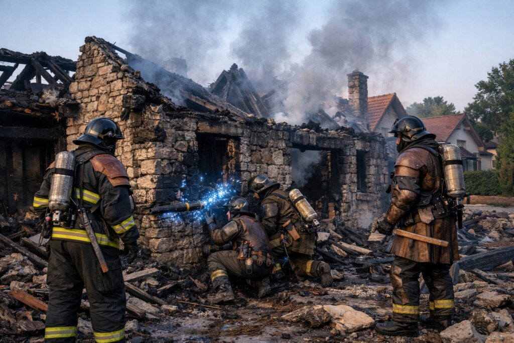火災で全焼した石造りの住宅の焼け跡。消防隊員が調査しており、壁の配管から青い魔法の火花が散っている様子。