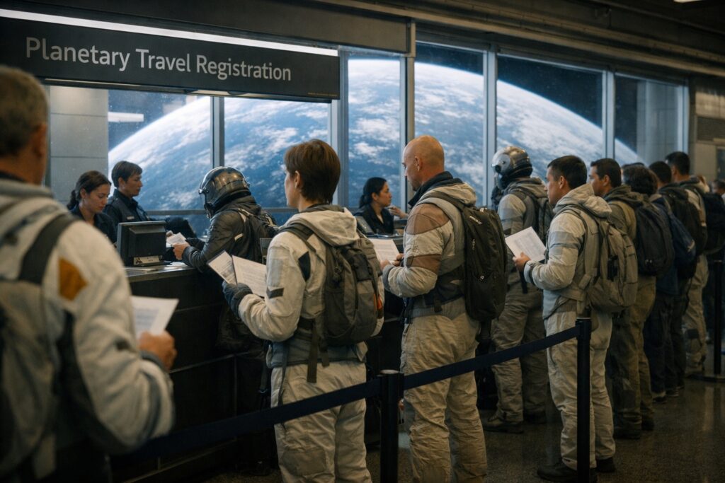 宇宙港ターミナルで帰還手続きを待つ宇宙服姿の人々と地球を望む大窓の様子