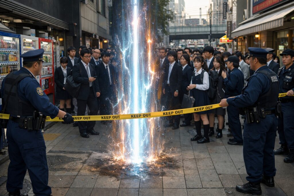 現代的な都市の歩道に現れた、青白く光る異次元の裂け目。警察官がその周りを調査しており、通行人が遠巻きに見ている。