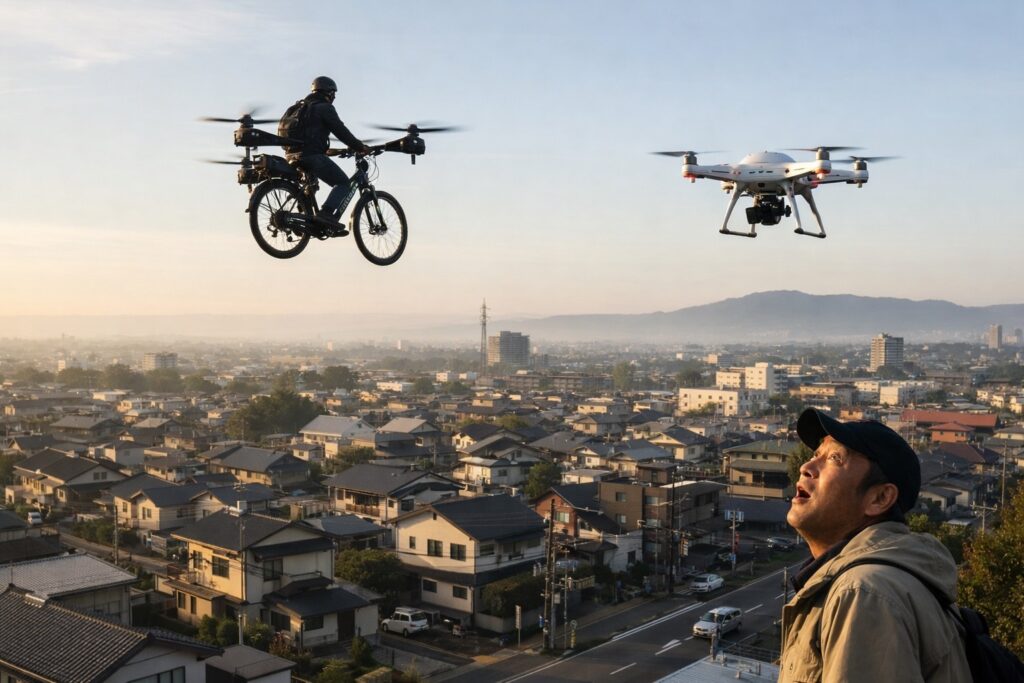 住宅街上空約150メートルを飛行する空飛ぶ自転車と監視ドローン、地上で見上げる歩行者の様子
