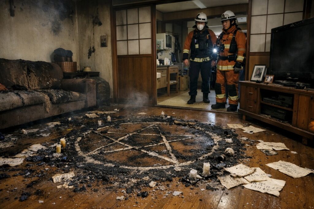 日本の住宅リビングで焼け跡の残る召喚陣と灰になった書類、奥に消防隊員が見える
