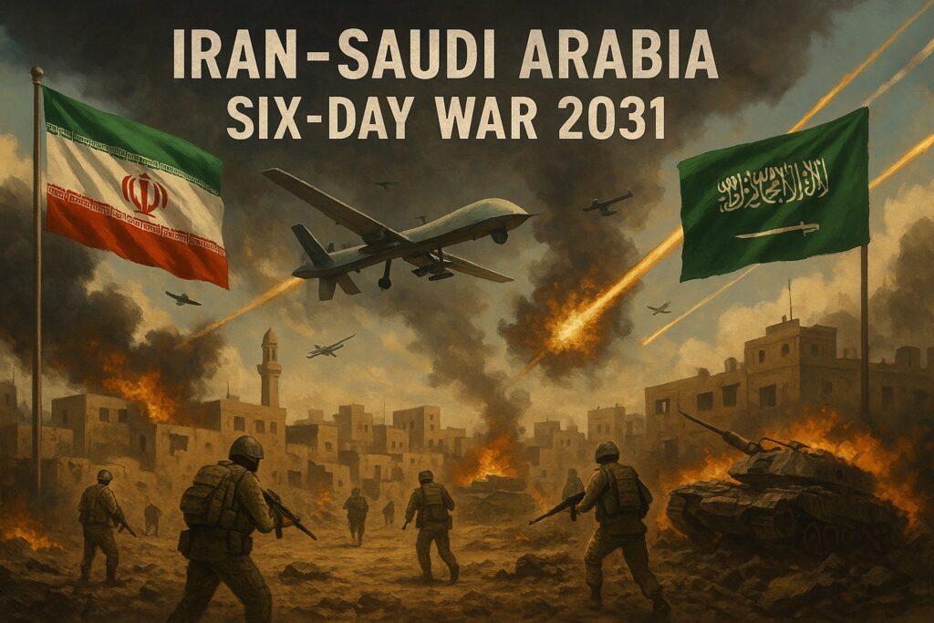 2031年、イランとサウジアラビアが激突した6日間戦争の戦場。ドローンが飛び交う中、両国の国旗が風に揺れ、都市は爆炎と煙に包まれている。