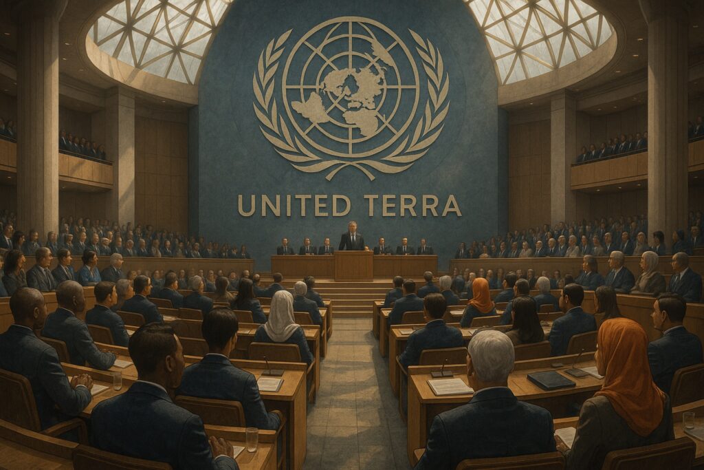 「テラ」紙幣と各国の代表が集う国際議会風景。アジア人、アフリカ人、ヒジャブの女性などが並ぶグローバルな場面。