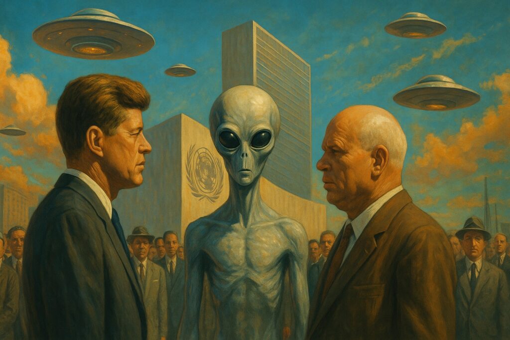 ケネディ大統領とフルシチョフ首相が、国連本部前で宇宙人と対面している様子を描いた仮想歴史的シーン。背景には複数のUFOが浮かび、地球外文明との初公開接触の瞬間を象徴する構図