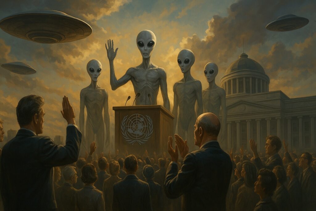 国連の公式壇上に立つ宇宙人代表。人類に対する初の銀河文明からの公開メッセージが発せられた歴史的瞬間を描いたシーン