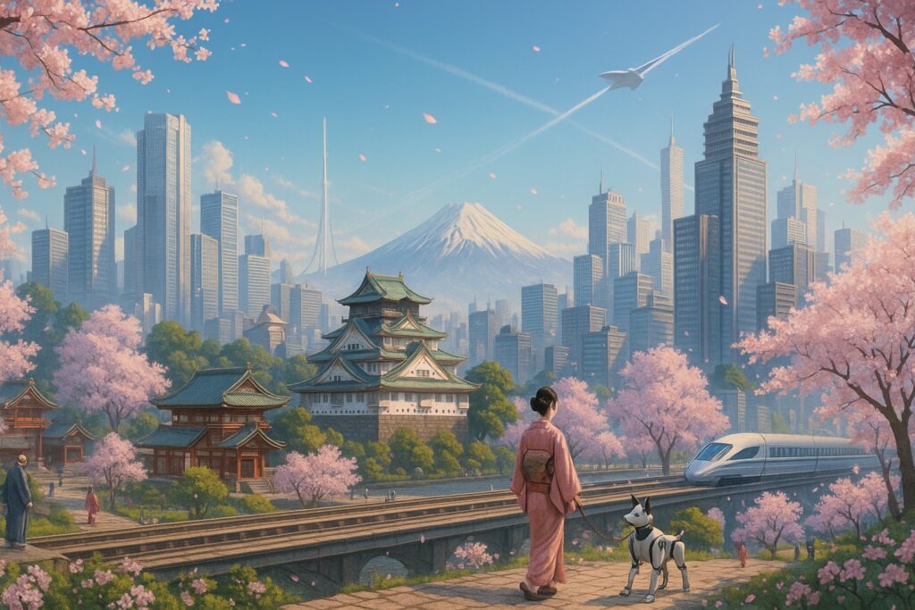 満開の桜と伝統建築が並ぶ中、着物姿の市民が犬型ロボットと歩く近未来の東京。背景には富士山と宇宙エレベーター、高層ビル群、リニアモーターカー、空を舞う宇宙船が描かれている