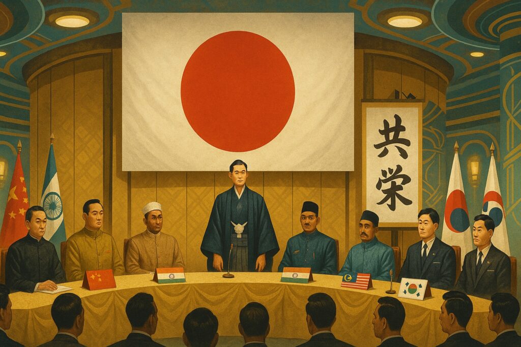 巨大な日章旗と『共栄』の書を背景に、和服の日本代表が中央に立ち、中国、インド、マレーシア、朝鮮など各国の首脳が並ぶ会議の様子。レトロフューチャー調の装飾と金屏風が印象的な異世界の外交風景