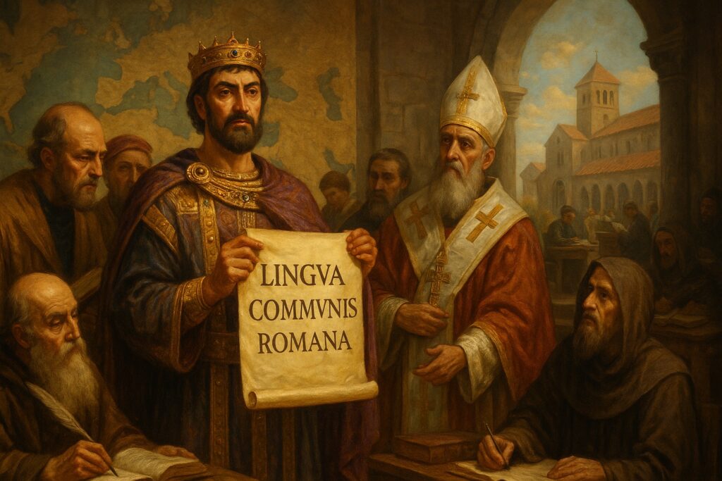ユスティニアヌス帝が「Lingua Communis Romana」と記された巻物を掲げ、学者や聖職者に囲まれた西暦6世紀のローマ風景。