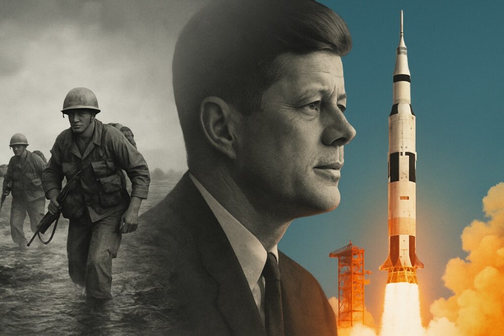 モノクロ調のベトナム戦場で撤退する米兵と、カラーで描かれたサターンVロケットの発射シーンを、ケネディの横顔シルエットが隔てる構図