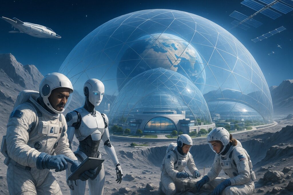 シャックルトン・クレーターの縁に建つ透明ドーム都市で、多国籍の宇宙飛行士と人型ロボットが作業し、背景に地球と火星探査船、太陽光発電衛星が見える風景
