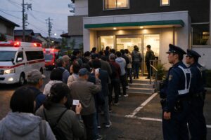 日本の郊外にある医療クリニック前に並ぶ人々と警察官の様子、復元申請で混雑する風景