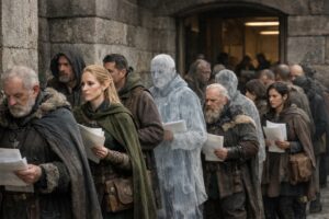 不老不死の人々が年金を受給するため長い列を作る様子