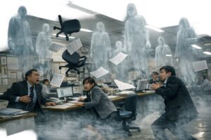 日本の市役所の窓口で、半透明の幽霊たちが列をなし、書類が宙に浮いている混乱した様子を超写実的に捉えた写真。