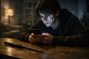 薄暗い部屋でスマートフォンの画面を見つめる若者の横顔。画面の光が顔を照らし、机には黒い魔法の杖が置かれている。