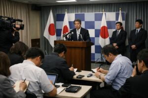 日本の官庁で開かれた記者会見、演台と報道陣の様子