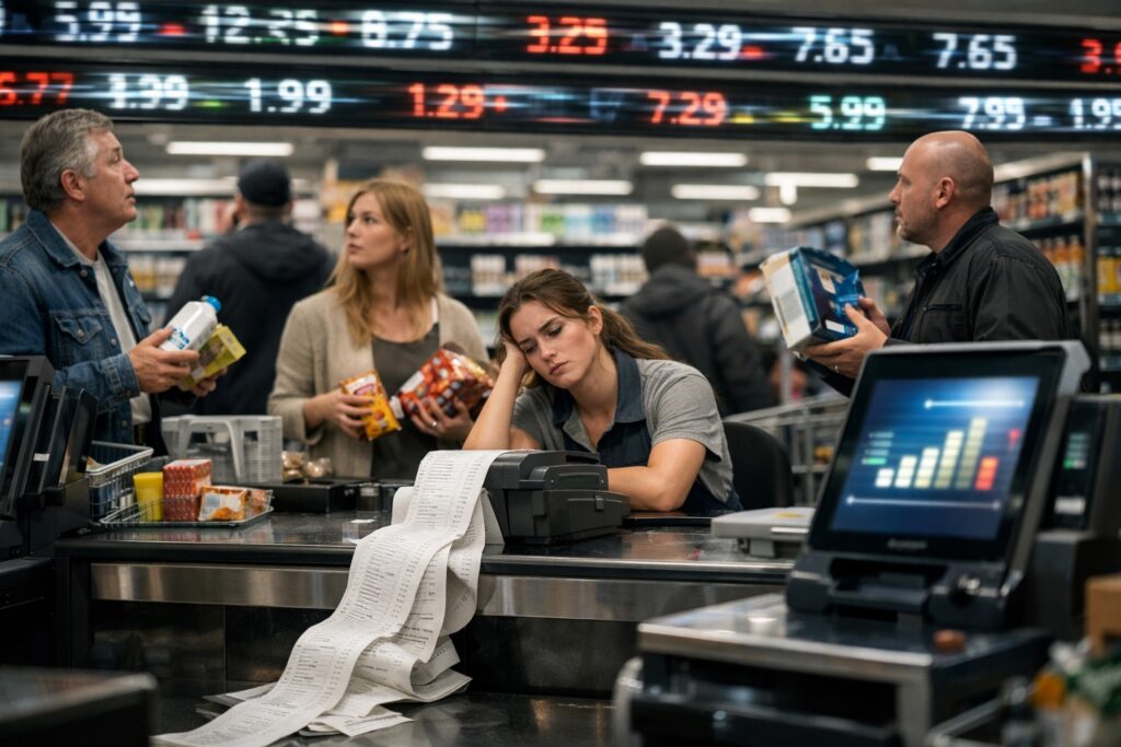 デジタル表示の税率が次々と変わるスーパーのレジ前で、困惑する客と店員の様子