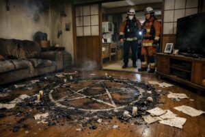 日本の住宅リビングで焼け跡の残る召喚陣と灰になった書類、奥に消防隊員が見える