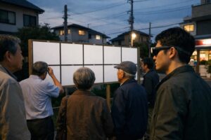 白い掲示板の前で困惑する市民とAR選挙ポスター用掲示板の様子