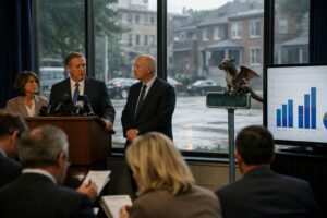 政府会見室で予算資料を示す職員と、窓の外の住宅街にとまる小型竜型使い魔の様子